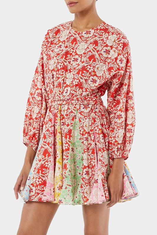 Red Boho Floral Patchwork Long Sleeve Pleated Dress